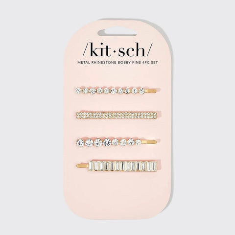 Metal Rhinestone Assorted Bobby Pins 4pc Set - Gold | Kitsch 水鑽一字髮夾四個裝