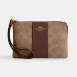 Coach Corner Zip Wristlet In Signature Canvas - Gold/Tan/Brown | Coach 經典印花真皮手拿包 - Gold/Tan/Brown