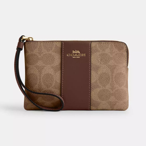 Coach Corner Zip Wristlet In Signature Canvas - Gold/Tan/Brown | Coach 經典印花真皮手拿包 - Gold/Tan/Brown