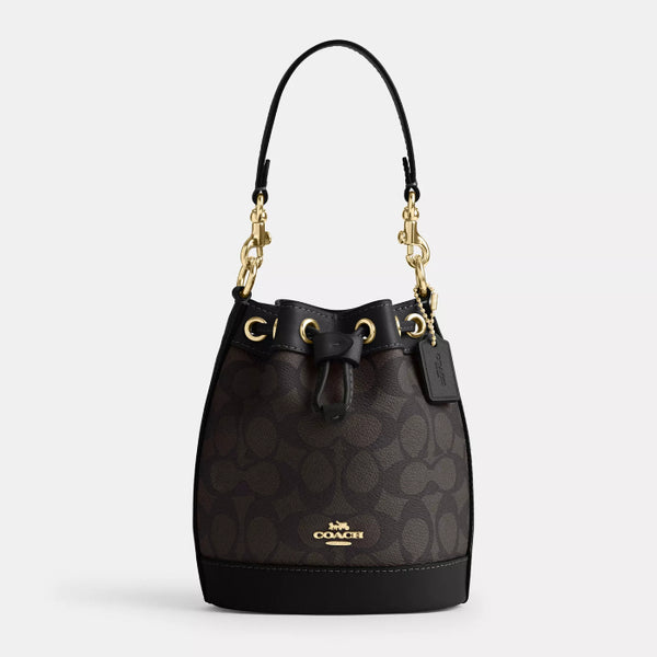 Coach Mini Bucket Bag In Signature Canvas - Gold/Walnut/Black | Coach 經典印花迷你真皮水桶袋 - Gold/Walnut/Black