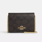 Coach Mini Wallet On A Chain - Gold/Walnut/Black | Coach 十字紋真皮方形斜揹迷你銀包 - Gold/Walnut/Black