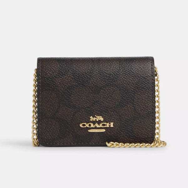 Coach Mini Wallet On A Chain - Gold/Walnut/Black | Coach 十字紋真皮方形斜揹迷你銀包 - Gold/Walnut/Black
