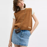 Coach Mini Wallet On A Chain - Gold/Walnut/Black | Coach 十字紋真皮方形斜揹迷你銀包 - Gold/Walnut/Black