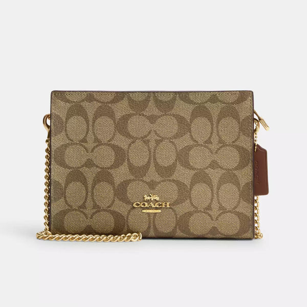 Coach Slim Crossbody Bag In Signature Canvas - Gold/Khaki Saddle2 | Coach 經典印花真皮斜揹包 - Gold/Khaki Saddle2