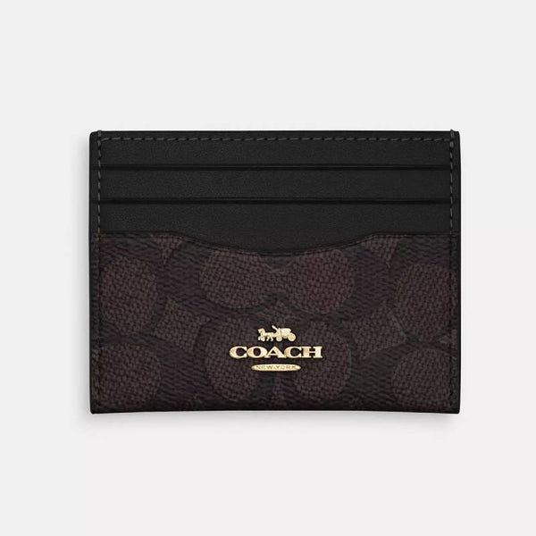 Coach Slim Id Card Case In Signature Canvas - Gold/Walnut/Black | Coach 經典印花真皮卡套 - Gold/Walnut/Black