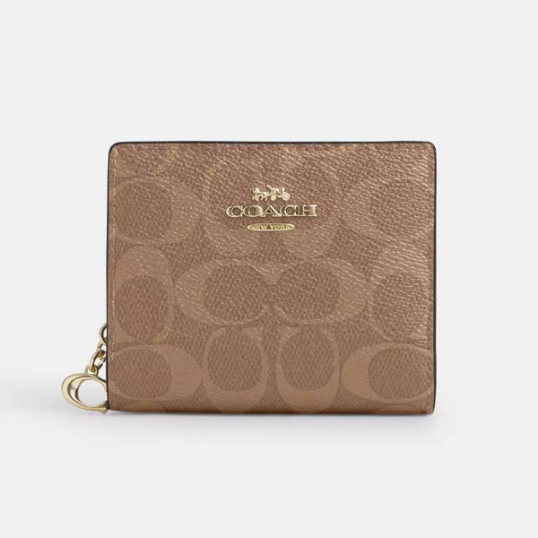 Coach Snap Wallet in Signature Canvas - Gold/Tan/Brown | Coach 經典印花真皮短銀包 - Gold/Tan/Brown