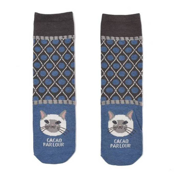 Kusuguru Cat Pattern Cotton Socks - Blue | Kusuguru純棉貓咪圖案提花襪子 - 藍色復古圓點