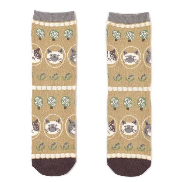 Kusuguru Cat Pattern Cotton Socks - Yellow | Kusuguru純棉貓咪圖案提花襪子 - 黃色