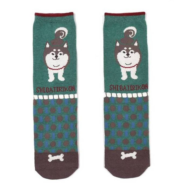 Kusuguru Shiba Pattern Cotton Socks - Green | Kusuguru純棉柴犬圖案提花襪子 - 綠色