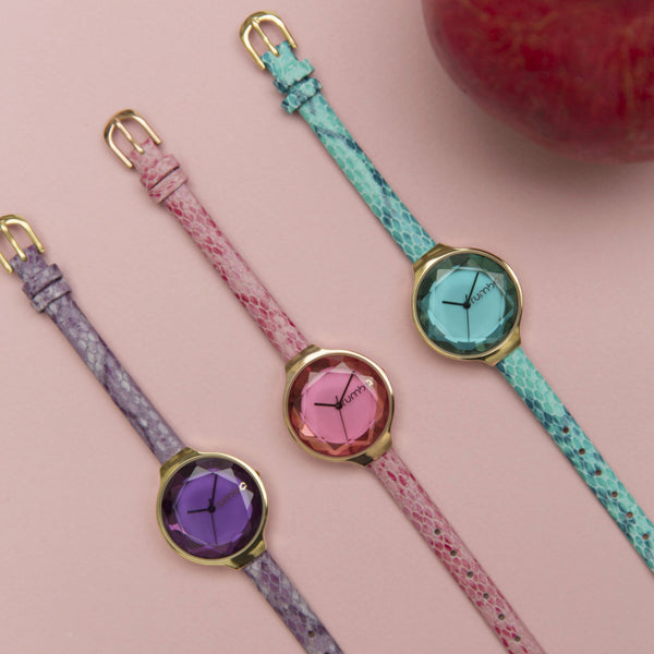 Orchard Gem Exotic Watch - Gold Aqua | 寶石蛇皮花紋真皮腕錶・湖水綠色