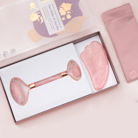 Natural Rose Quartz Face Roller and Gua Sha Massage Set | 天然玫瑰粉晶按摩瘦面套裝(玉石按摩棒及刮痧板)