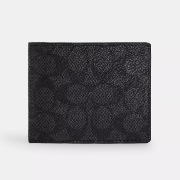 Coach 3 In 1 Wallet In Signature Canvas - Charcoal/Black | Coach 經典3合1印花兩摺真皮短銀包（連可拆式卡片套） - Charcoal/Black