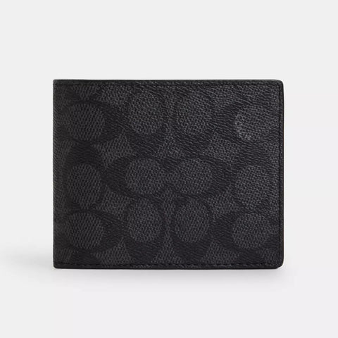 Coach 3 In 1 Wallet In Signature Canvas - Charcoal/Black | Coach 經典3合1印花兩摺真皮短銀包（連可拆式卡片套） - Charcoal/Black