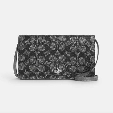 Coach Anna Foldover Clutch Crossbody Bag In Signature Canvas - Silver/Gunmetal Multi | Coach 珠光經典印花拼真皮兩用手提/斜揹包 - Silver/Gunmetal Multi