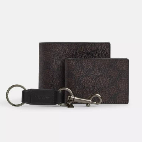 Coach Boxed 3 In 1 Wallet Gift Set In Signature Canvas - Qb/Walnut/Black | Coach 經典印花兩摺真皮短銀包禮盒套裝 - Qb/Walnut/Black