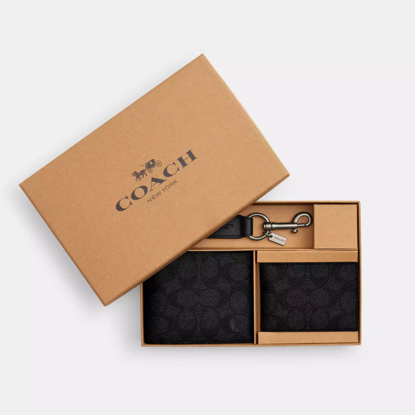 Coach Boxed 3-in-1 Billfold Wallet in Signature Canvas・Black | Coach 經典印花兩摺真皮短銀包禮盒套裝