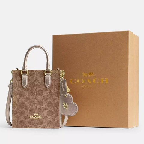 Coach Boxed Mini Tote Bag And Mirror Bag Charm Set In Signature Canvas | Coach 經典印花迷你斜揹袋連心型鏡掛飾（禮盒套裝）