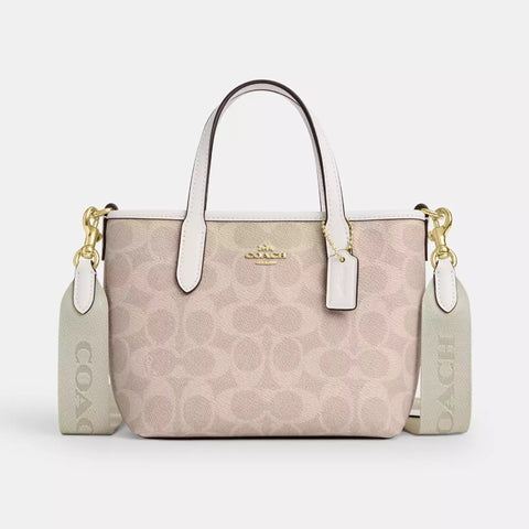 Coach City Mini Tote Bag In Signature Canvas - Gold/Sand/Chalk | Coach 經典印花迷你真皮斜揹包 - Gold/Sand/Chalk