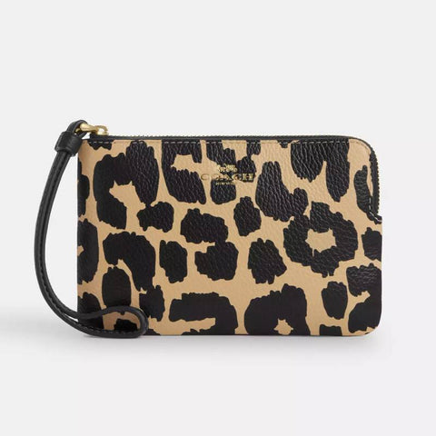 Coach Corner Zip Wristlet With Leopard Print - Leopard Multi | Coach 豹紋荔枝紋真皮手拿包 - Leopard Multi