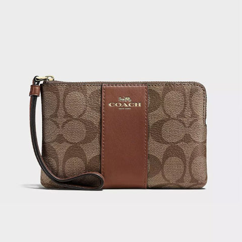 [Typhoon Flash Sale] Coach Corner Zip Wristlet In Signature Canvas・IM/Khaki Saddle 2 | [颱風天限定價] Coach 經典印花真皮手拿包・IM/Khaki Saddle 2