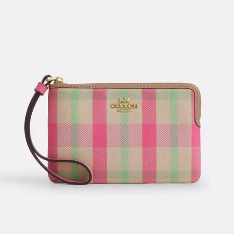 Coach Corner Zip Wristlet With Plaid Print - Gold/Pink Multi | Coach 格子緹花手拿包 - Gold/Pink Multi