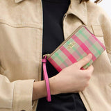 Coach Corner Zip Wristlet With Plaid Print - Gold/Pink Multi | Coach 格子緹花手拿包 - Gold/Pink Multi