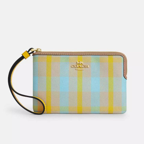 Coach Corner Zip Wristlet With Plaid Print - Im/Bright Maize Multi | Coach 格子提花手拿包 - Im/Bright Maize Multi