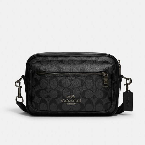 Coach Elias Crossbody In Signature Canvas - Gunmetal/Charcoal/Black | Coach 經典印花帆布配小牛皮斜揹包