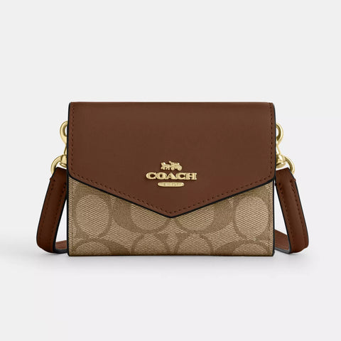 Coach Mini Envelope Wallet With Strap In Signature Canvas - Gold/Khaki Saddle 2 | Coach 經典印花真皮迷你信封型銀包/斜揹包 - Gold/Khaki Saddle 2