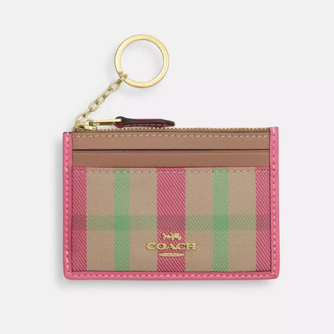 Coach Mini Skinny Id Case With Plaid Print - Gold/Pink Multi | Coach 格子提花卡片套／散紙包 - Gold/Pink Multi