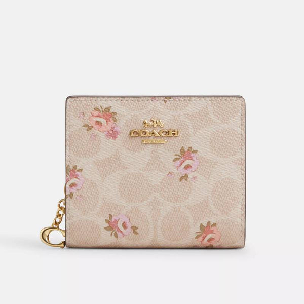 Coach Snap Wallet In Signature Canvas With Floral Print - Gold/Sand Multi | Coach 經典印花真皮短銀包 - Floral Print