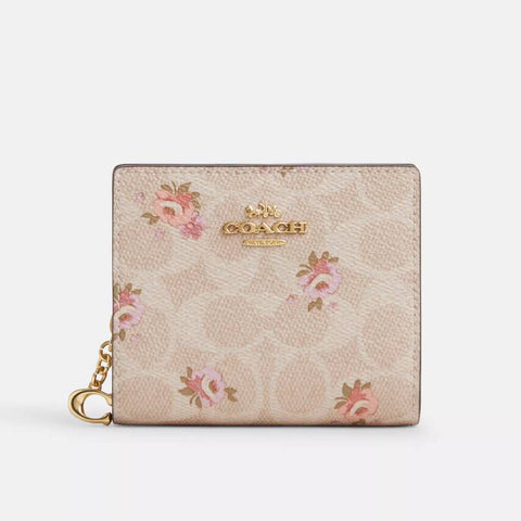 Coach Snap Wallet In Signature Canvas With Floral Print - Gold/Sand Multi | Coach 經典印花真皮短銀包 - Floral Print