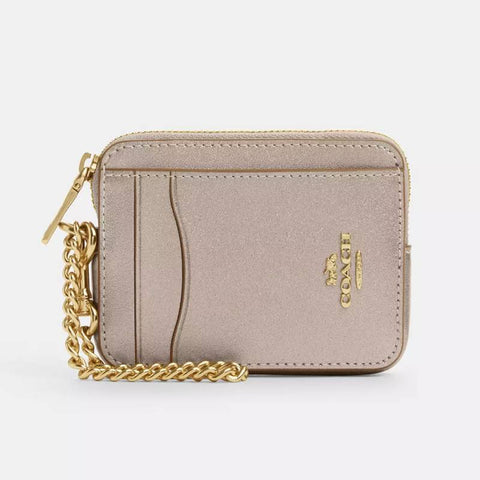 Coach Zip Card Case - Gold/Light Champagne | Coach 珠光真皮卡片套／散紙包 - Gold/Light Champagne