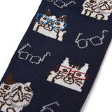Kusuguru Eyewear Cat Pattern Cotton Socks - Dark Blue | Kusuguru純棉貓咪圖案刺繡襪子 - 深藍色眼鏡貓