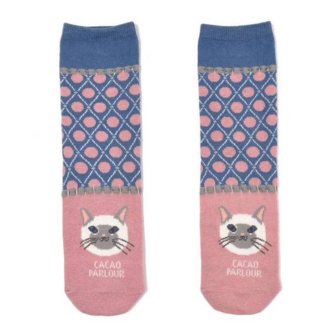 Kusuguru Cat Pattern Cotton Socks - Pink | Kusuguru純棉貓咪圖案提花襪子 - 粉紅色復古圓點