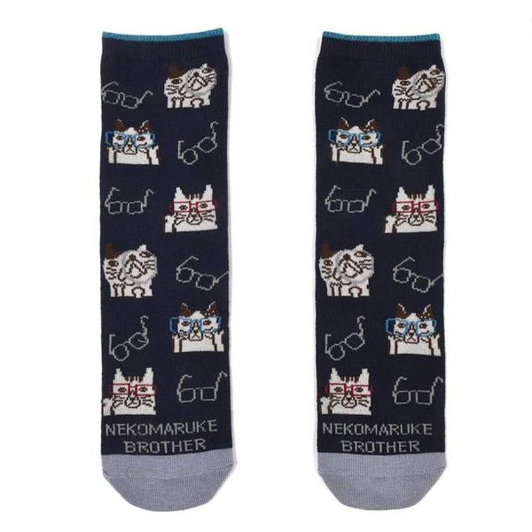 Kusuguru Eyewear Cat Pattern Cotton Socks - Dark Blue | Kusuguru純棉貓咪圖案刺繡襪子 - 深藍色眼鏡貓