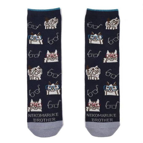 Kusuguru Eyewear Cat Pattern Cotton Socks - Dark Blue | Kusuguru純棉貓咪圖案刺繡襪子 - 深藍色眼鏡貓