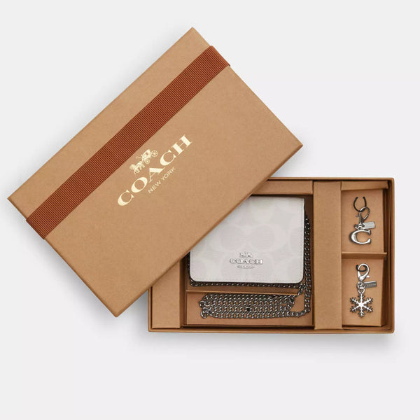 Boxed Mini Wallet On A Chain In Signature Canvas - Glacier White | Coach 經典印花真皮方形斜揹迷你銀包禮盒套裝